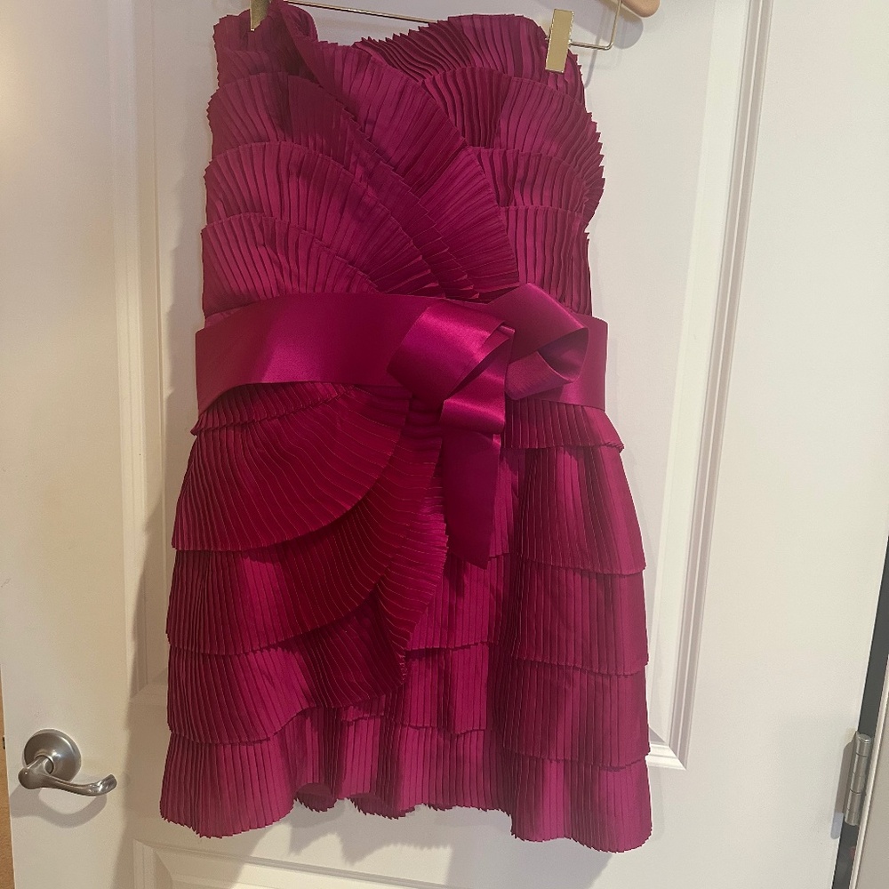 Marchesa Strapless Pleated Ruffle Satin Bow Cocktail Dress - Magenta
